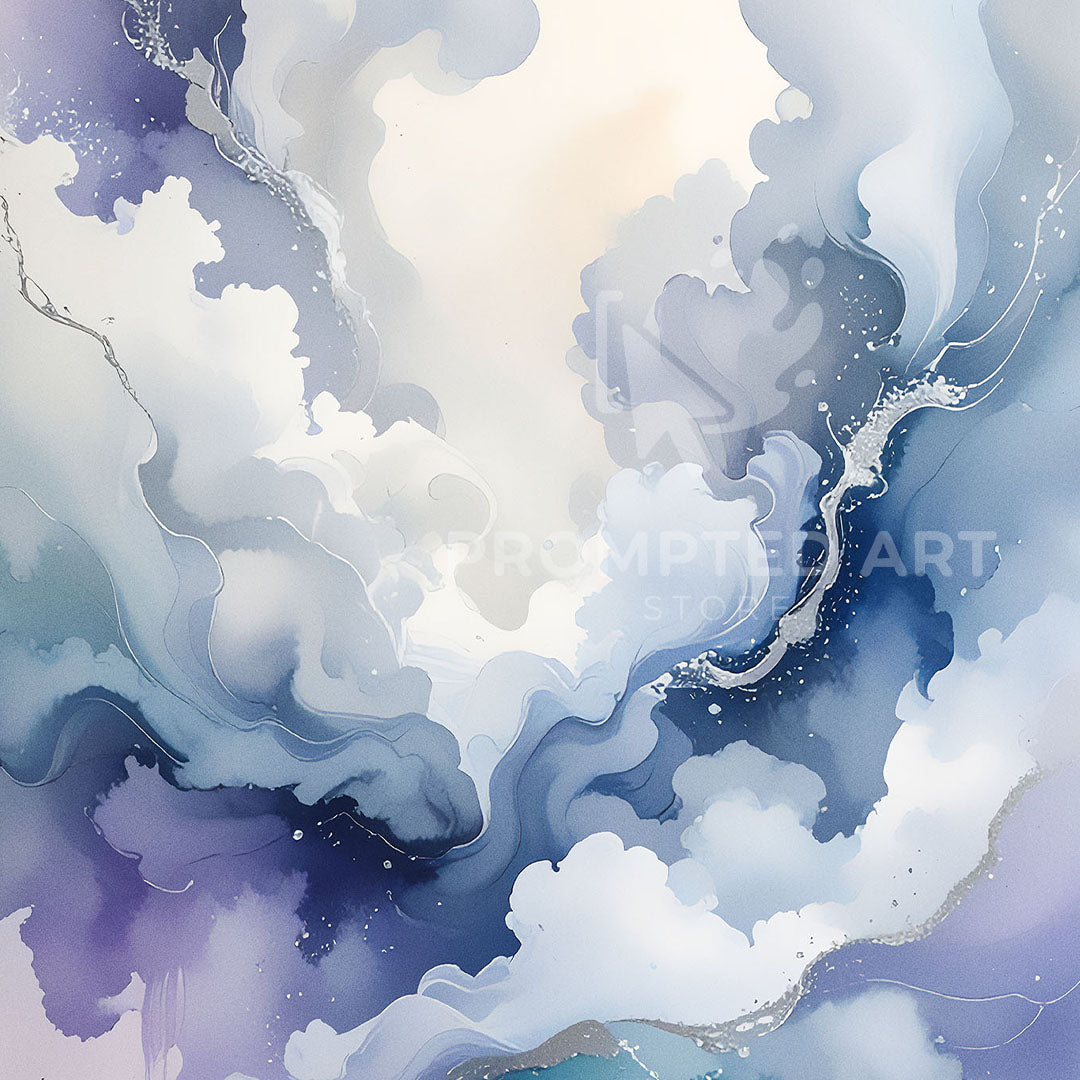 Abstract artwork with swirling blue and white patterns