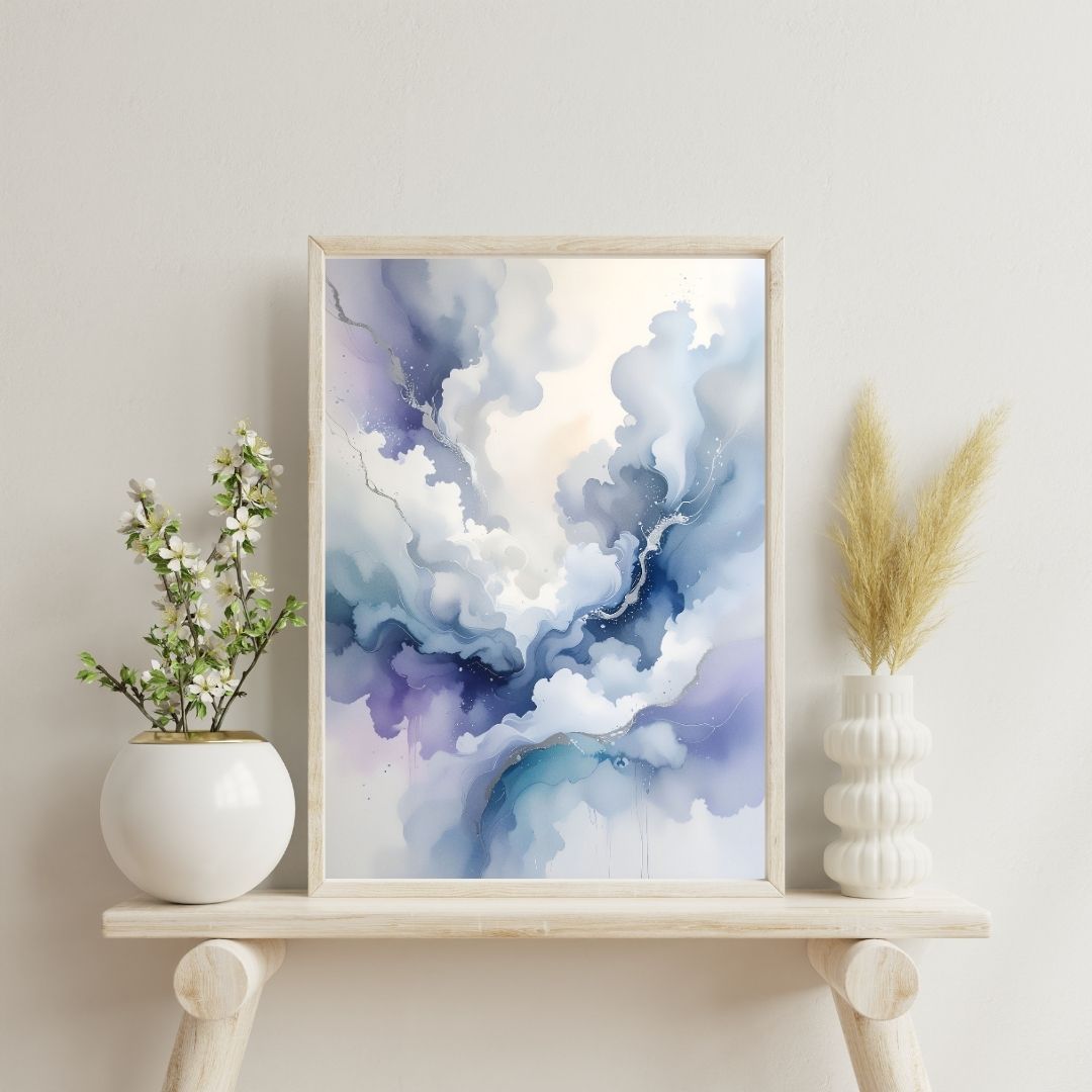 Framed abstract art print on a shelf with decorative items