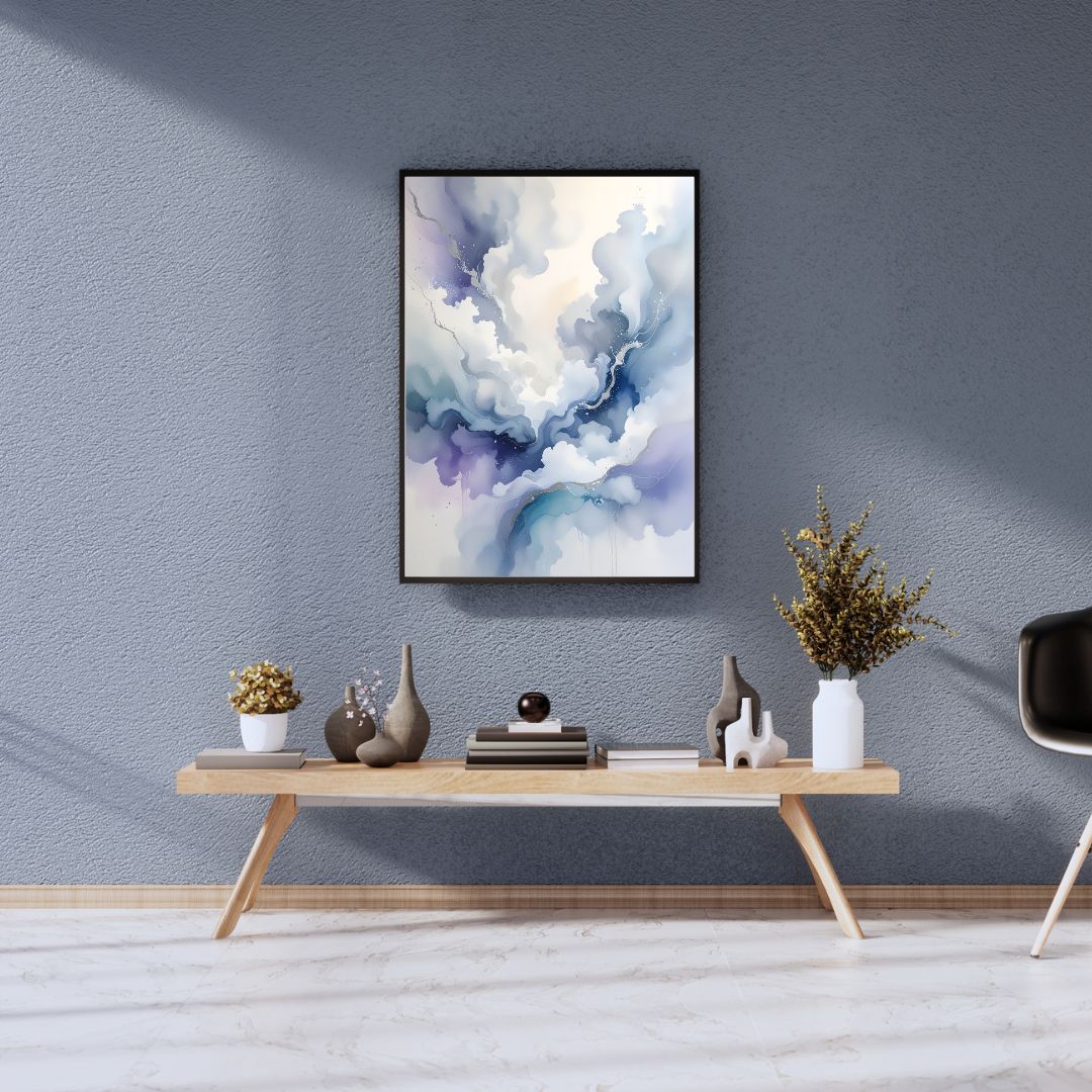 Modern interior with a console table against a gray wall, featuring decorative items and a framed abstract painting.