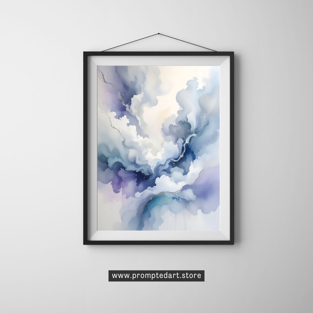 Framed abstract art print with blue and purple hues on a gray wall.