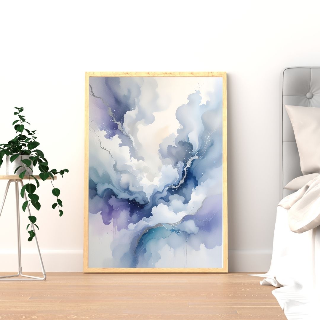 Framed abstract art print in a room with a plant and chair.