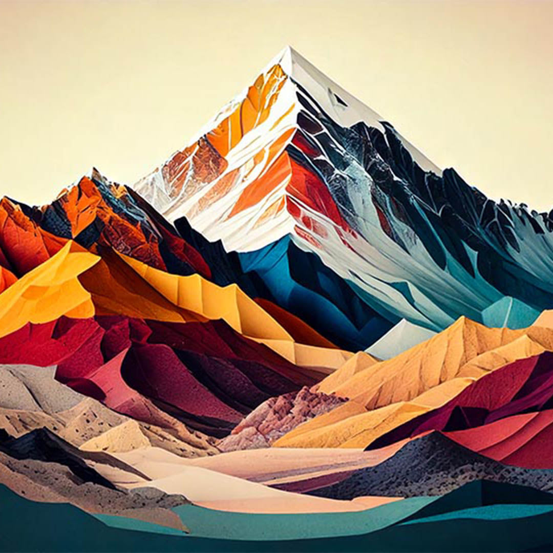 Colorful mountain landscape with a gradient of red, orange, yellow, blue, and purple.