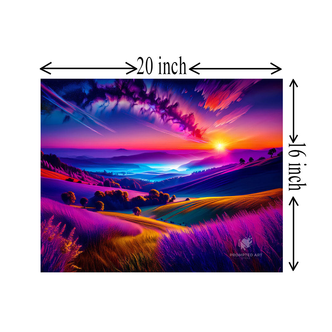 Colorful landscape painting with dimensions labeled on a white background