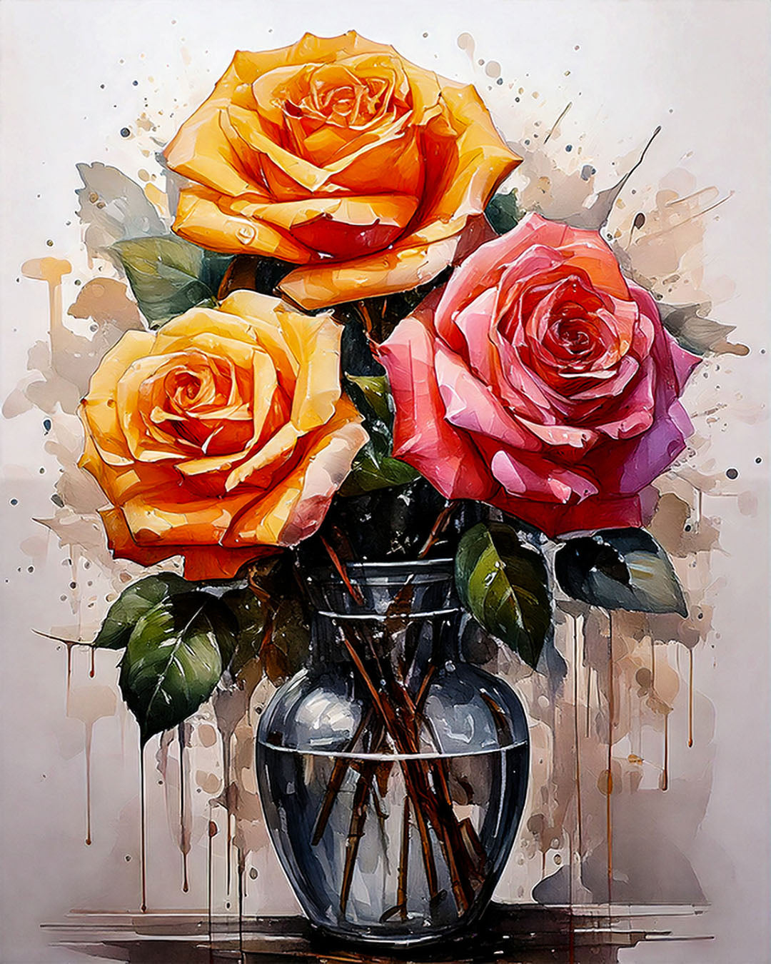 Vase with colorful roses on a textured background