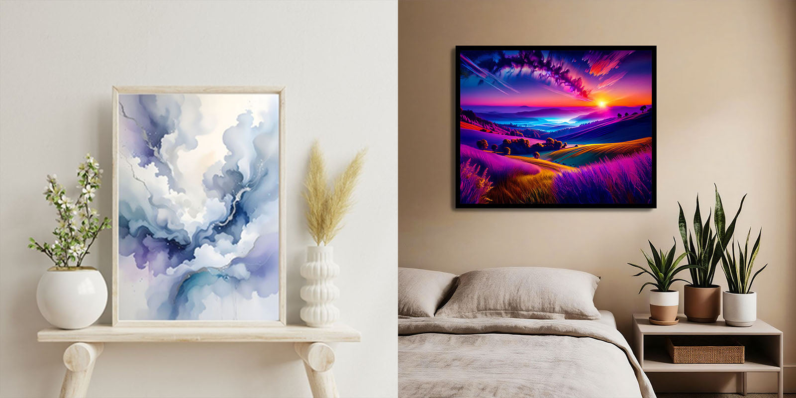 Two framed artworks in a bedroom setting with plants.