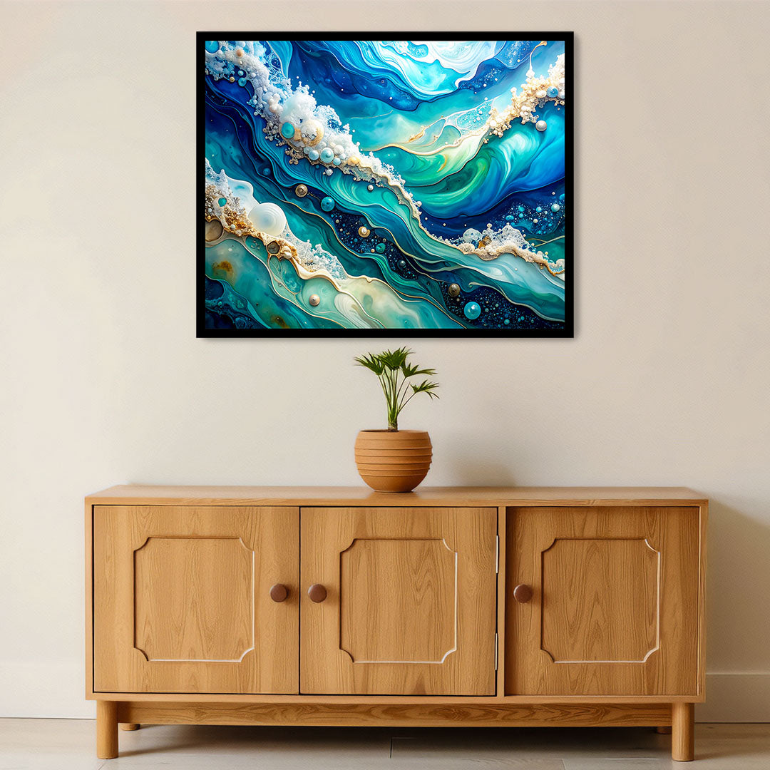 Wooden cabinet with a plant and abstract painting on the wall