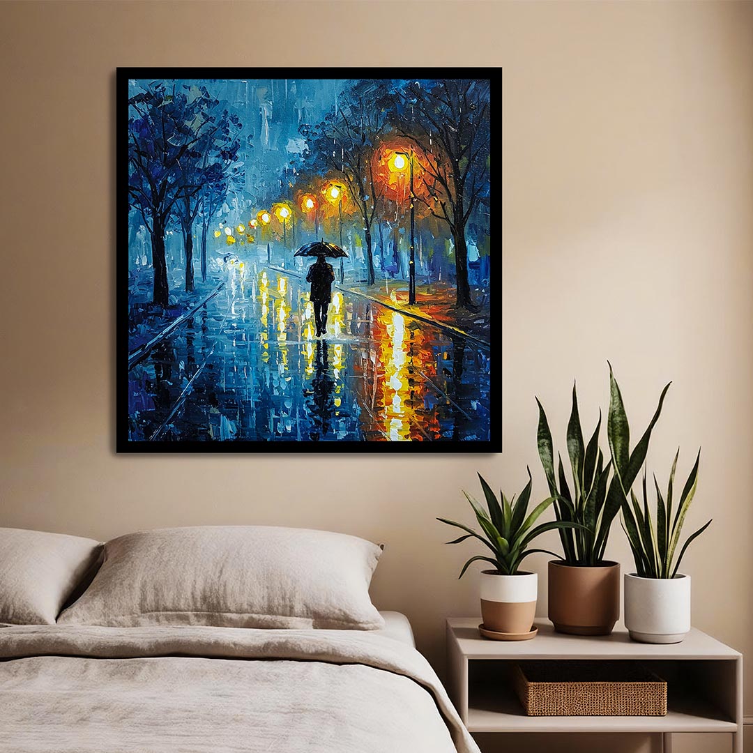 Framed painting of a rainy street scene above a bed with plants on a nightstand.