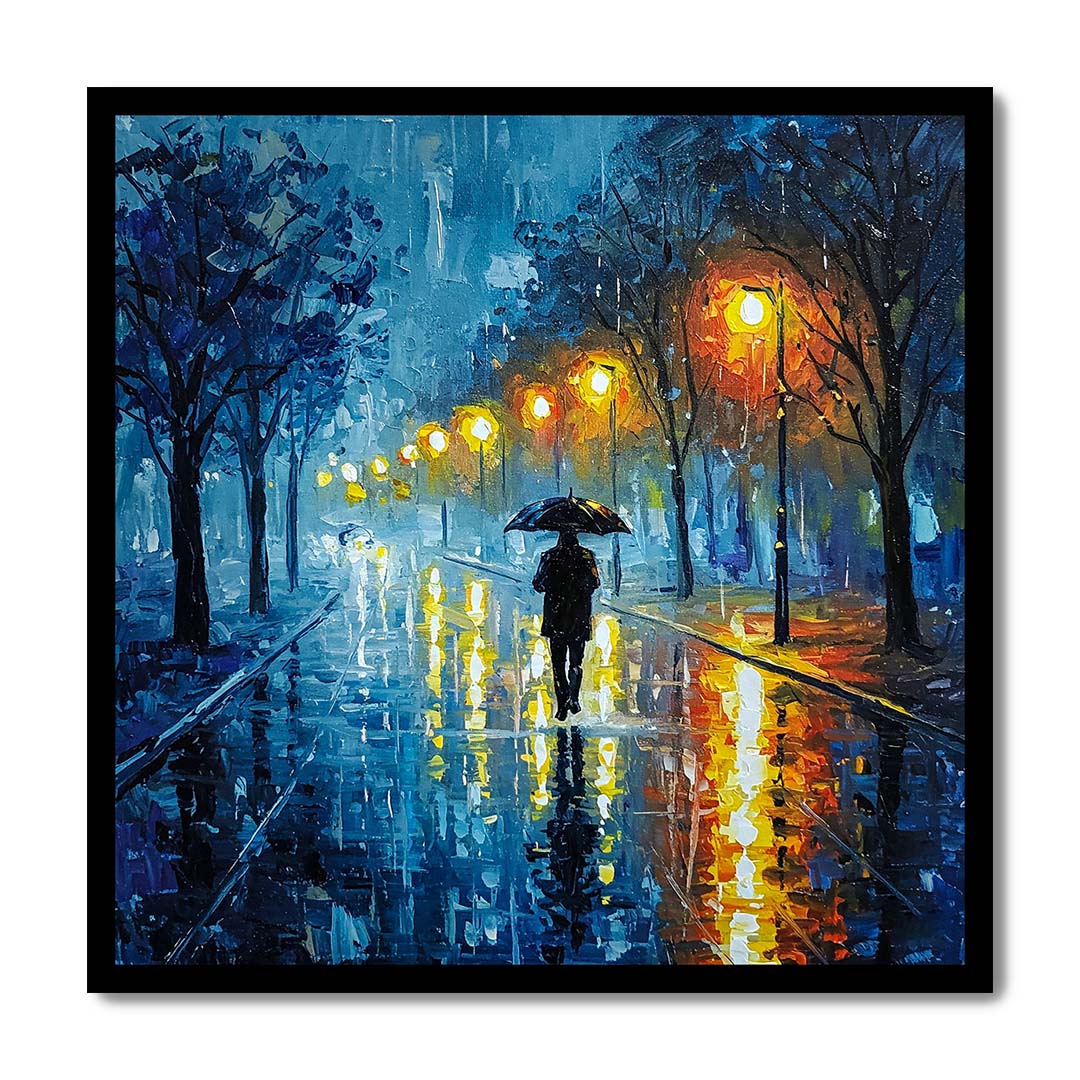 Painting of a person with an umbrella walking on a rain-soaked street at night.