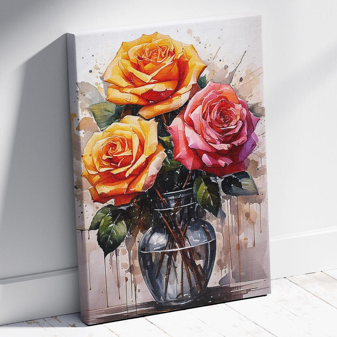 Canvas print of colorful roses in a vase on a white wall.