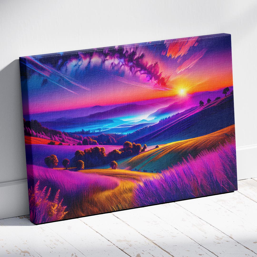 Canvas print of a vibrant landscape with a sunset over rolling hills.