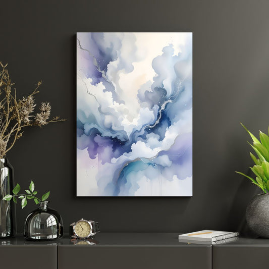 Abstract painting with blue and white tones on a dark wall, flanked by decorative items.
