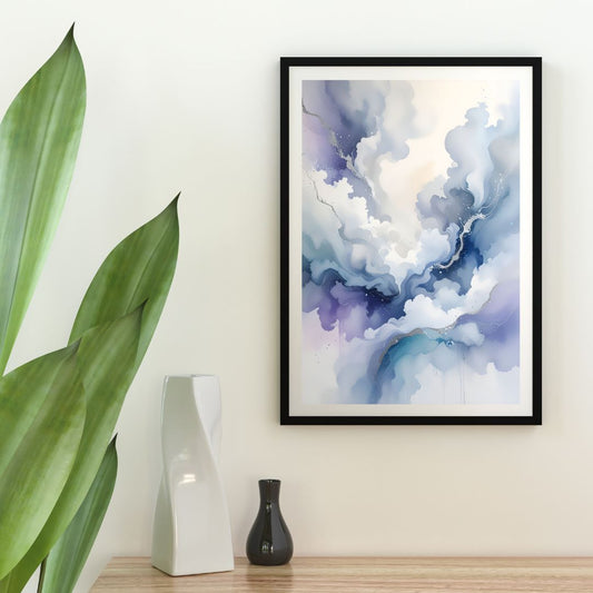 Framed abstract art piece on a wall with decorative vases and a plant.