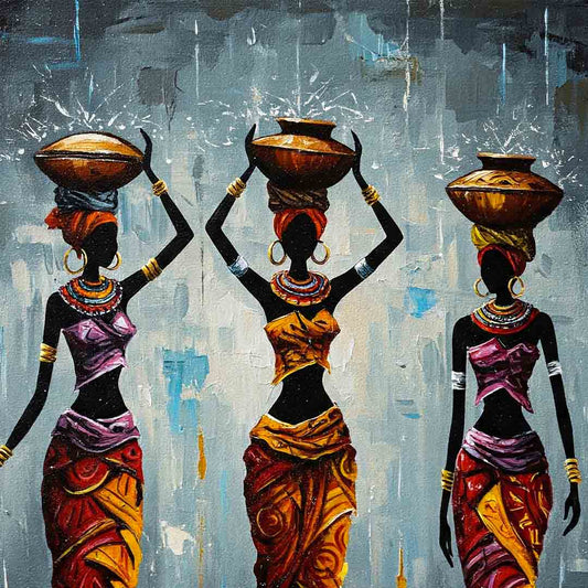 Artistic depiction of three women carrying pots on their heads against a textured gray background.