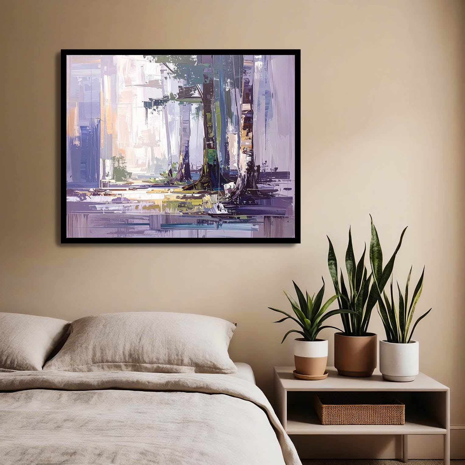 Framed abstract painting on a wall above a bed with plants on a nightstand.