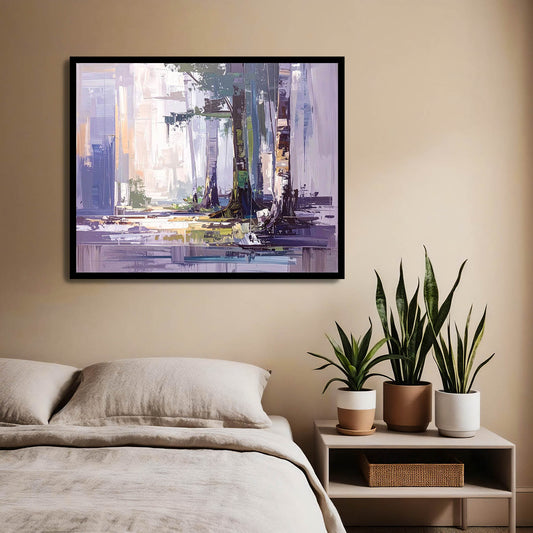 Framed abstract painting on a wall above a bed with plants on a nightstand.