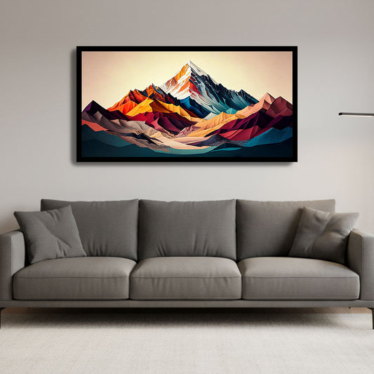 Colorful mountain artwork on a wall above a gray sofa