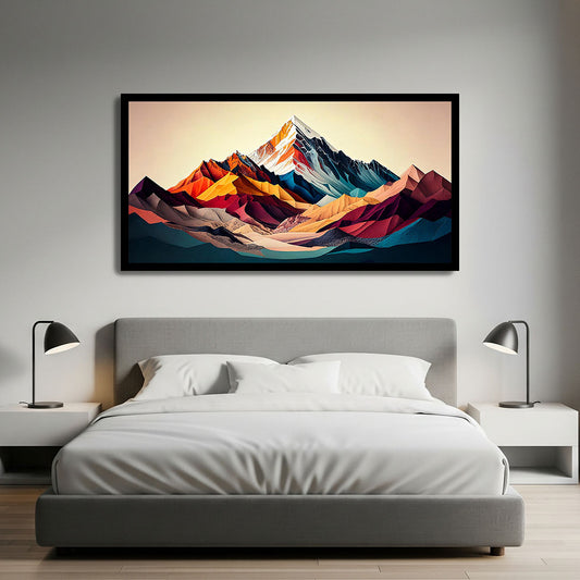 Colorful mountain landscape painting above a bed in a modern bedroom.