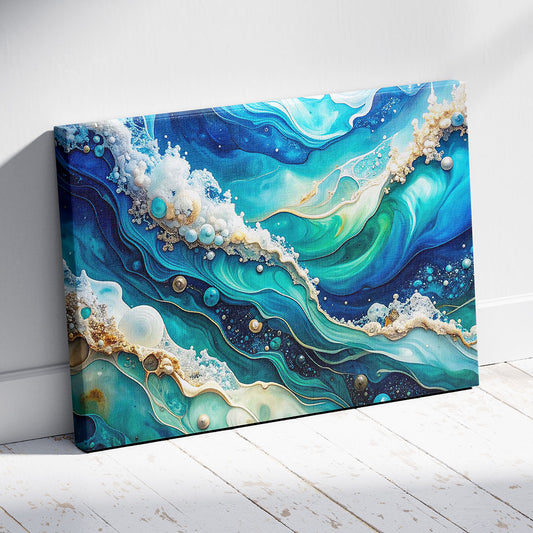 Abstract painting with blue, green, and white colors on a white wall.