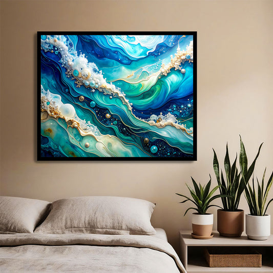 Ocean marble abstract artwork in a frame in the bedroom.