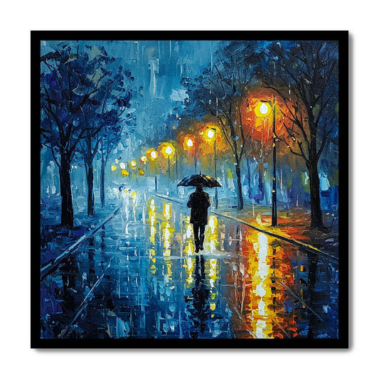 Painting of a person with an umbrella walking on a rain-soaked street at night.