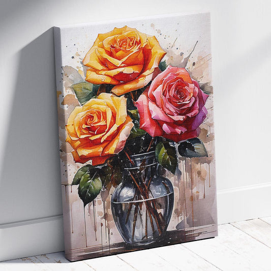 Canvas print of colorful roses in a vase on a white wall.