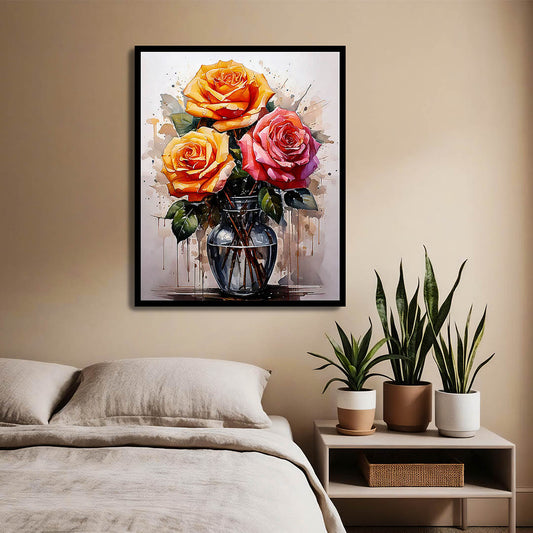 Framed artwork of roses on a wall above a bed with plants on a nightstand.