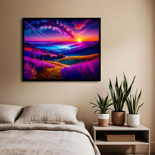 Framed artwork of a colorful sunset over fields in a bedroom setting.
