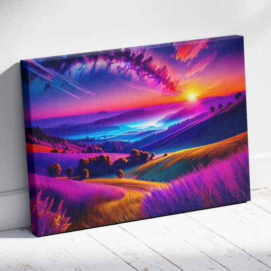Canvas print of a vibrant landscape with a sunset over rolling hills.